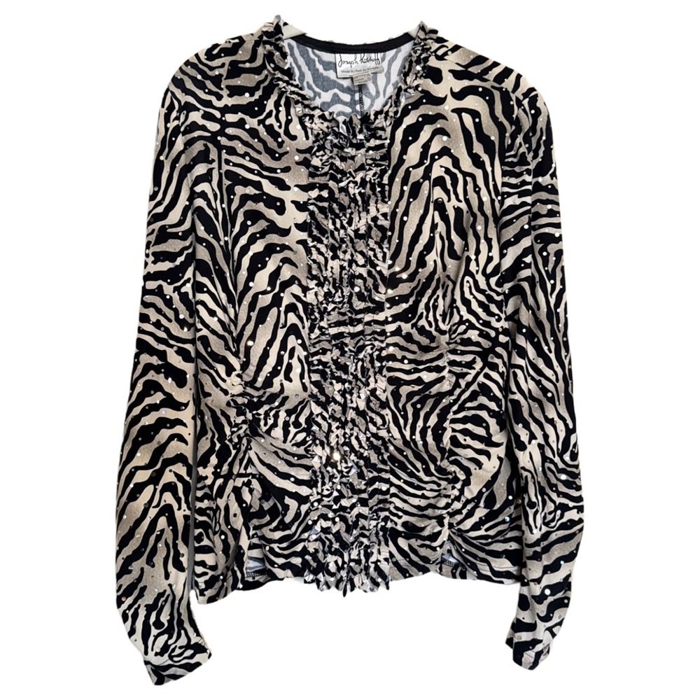 Joseph Ribkoff Vintage 90s Shirt Top Embellished Zebra Print Ruffle Women Sz 16
